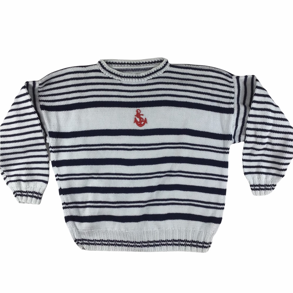 Handmade sweater M nautical striped cotton white navy blue red Anchor beach